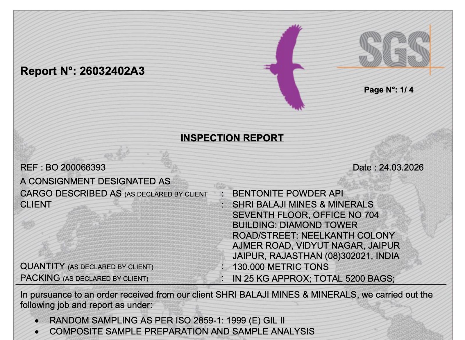 SGS inspection report for industrial mineral export shipment quality verification