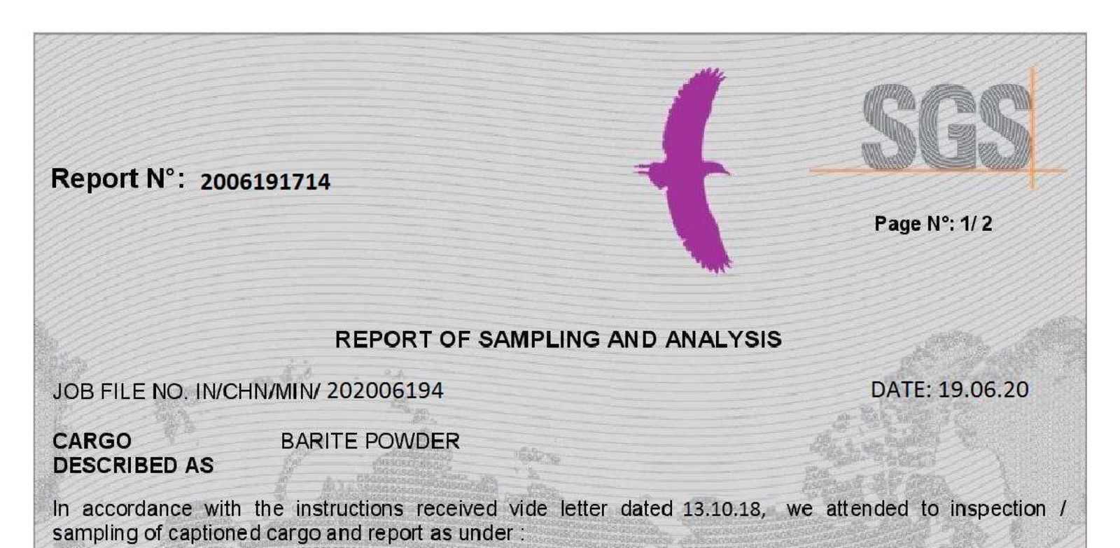 SGS verified analysis report for industrial mineral export consignment